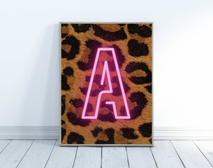 Personalised Leopard Print Neon Effect Wall Art- Mega Letter