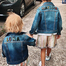 Load image into Gallery viewer, KIDS CUSTOM DENIM JACKET- Basic Rainbow Alphabet