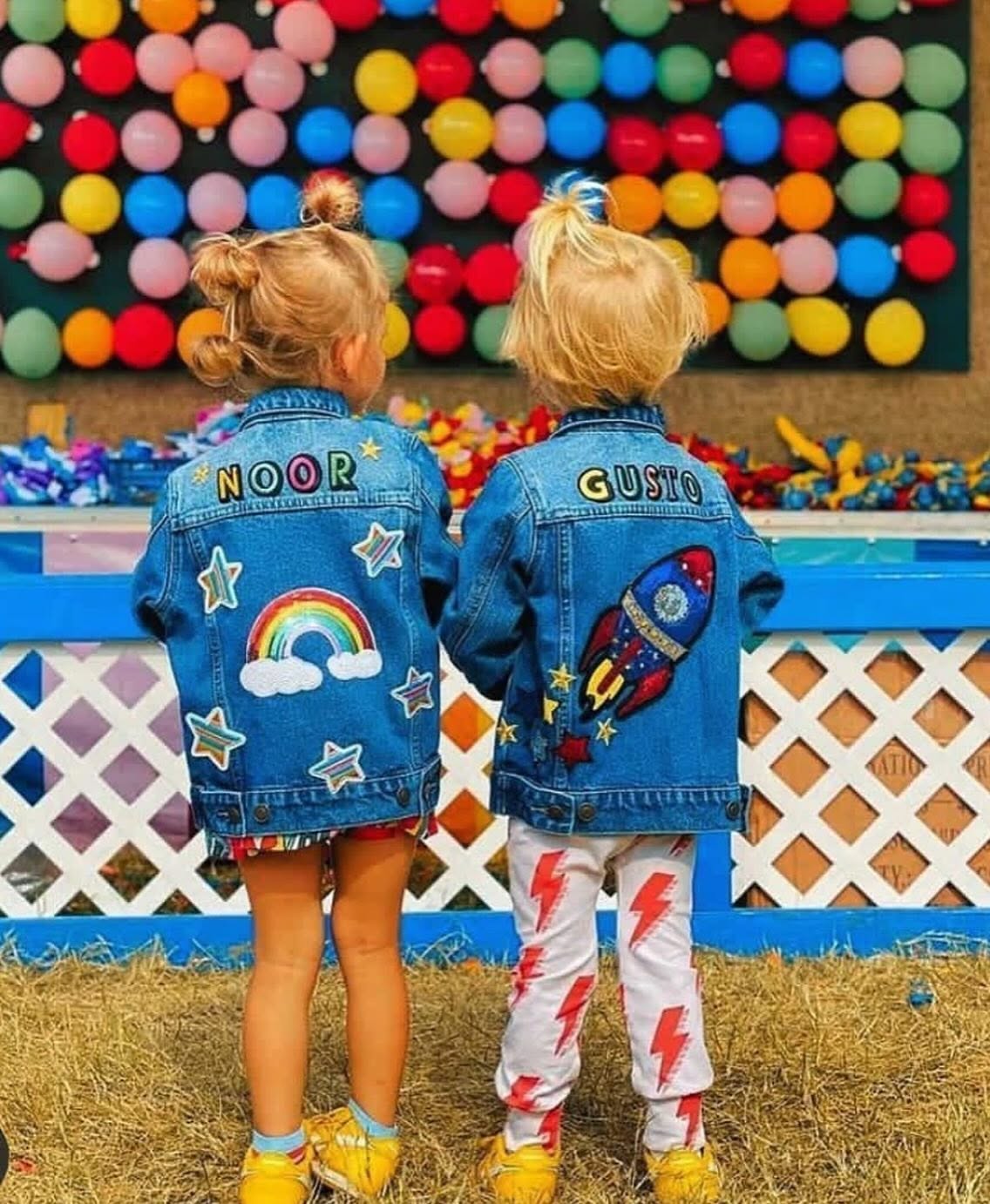 Children wearing Noor and Gusto personalised Patchy Tiger denim jackets