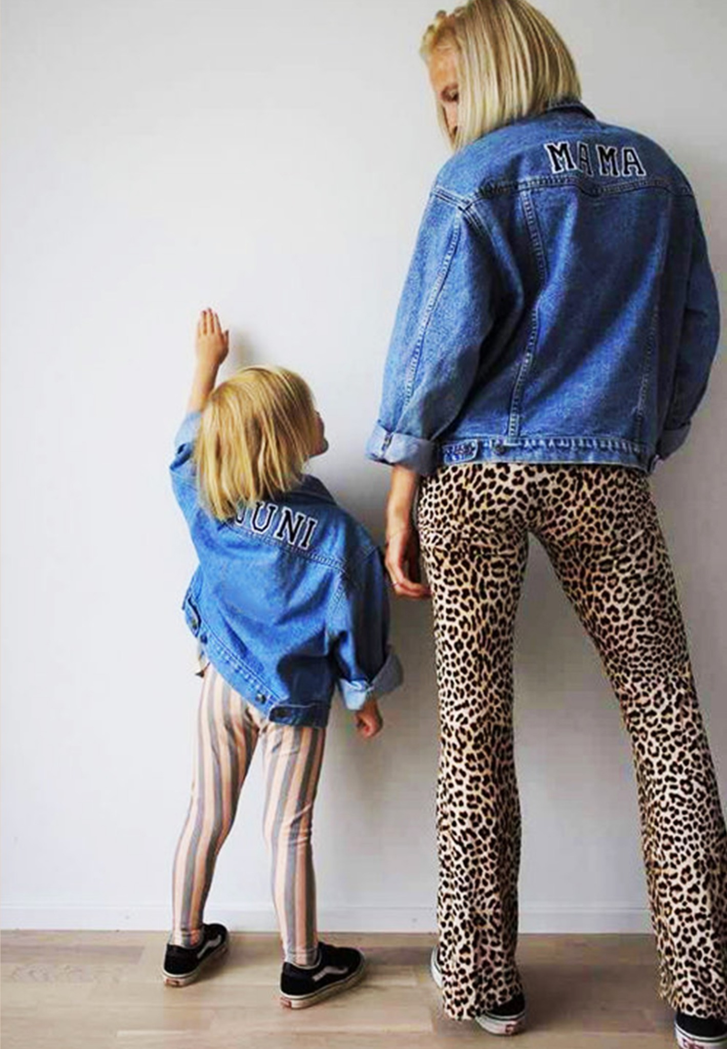 Mother and child wearing matching personalised MAMA and JUNI denim jackets
