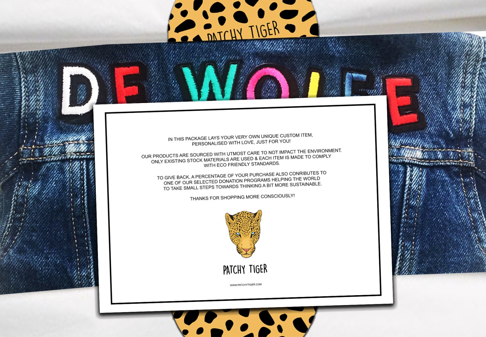 Personalised denim and Patchy Tiger packaging card