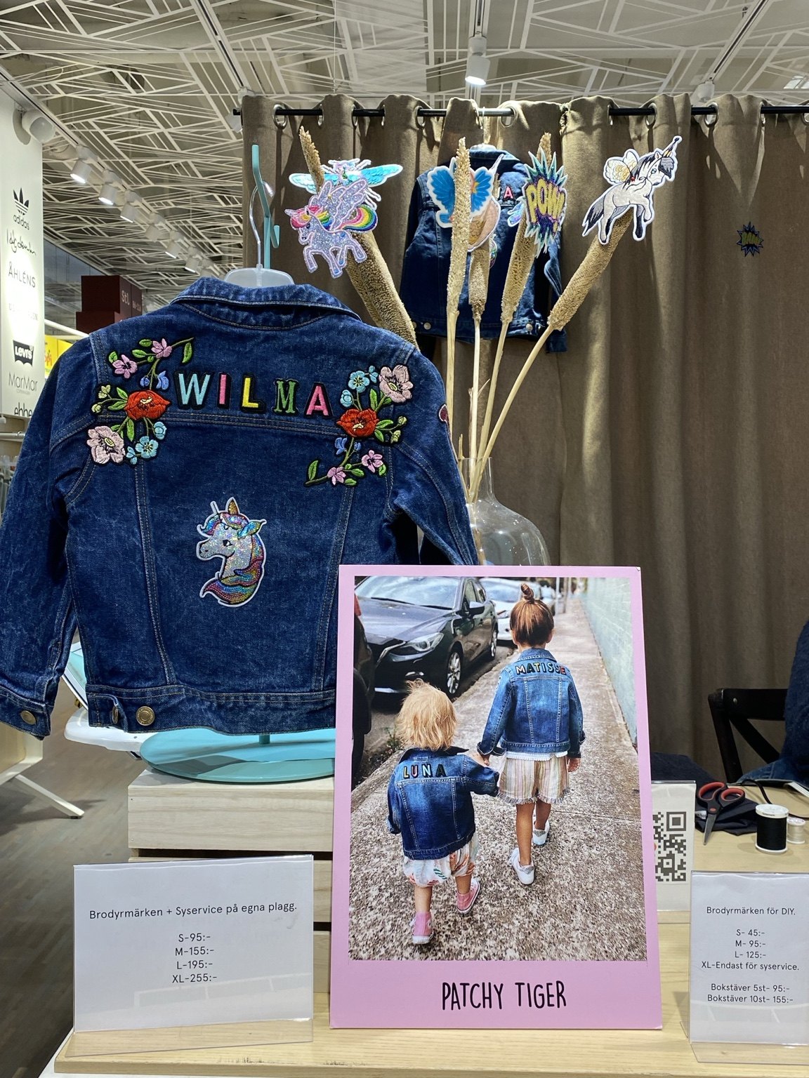 Personalised Wilma denim jacket and examples of custom denim at the pop-up